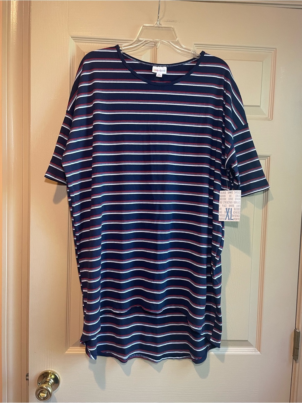LuLaRoe Women’s Irma Striped Navy, Red, and White Ribbed Tunic, NWT,‎ Size XL